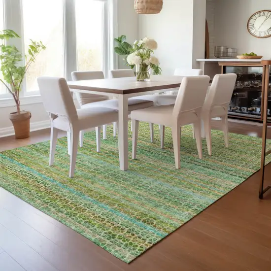 Teal Blue Lime Green And Coral Striped Washable Indoor Outdoor Area Rug Photo 6