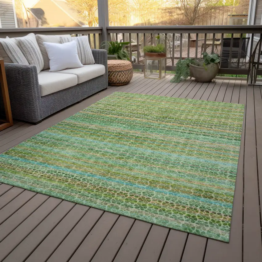 Teal Blue Lime Green And Coral Striped Washable Indoor Outdoor Area Rug Photo 8