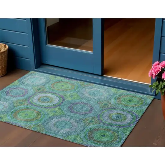 Teal Blue Lime Green And Purple Geometric Washable Indoor Outdoor Area Rug Photo 2