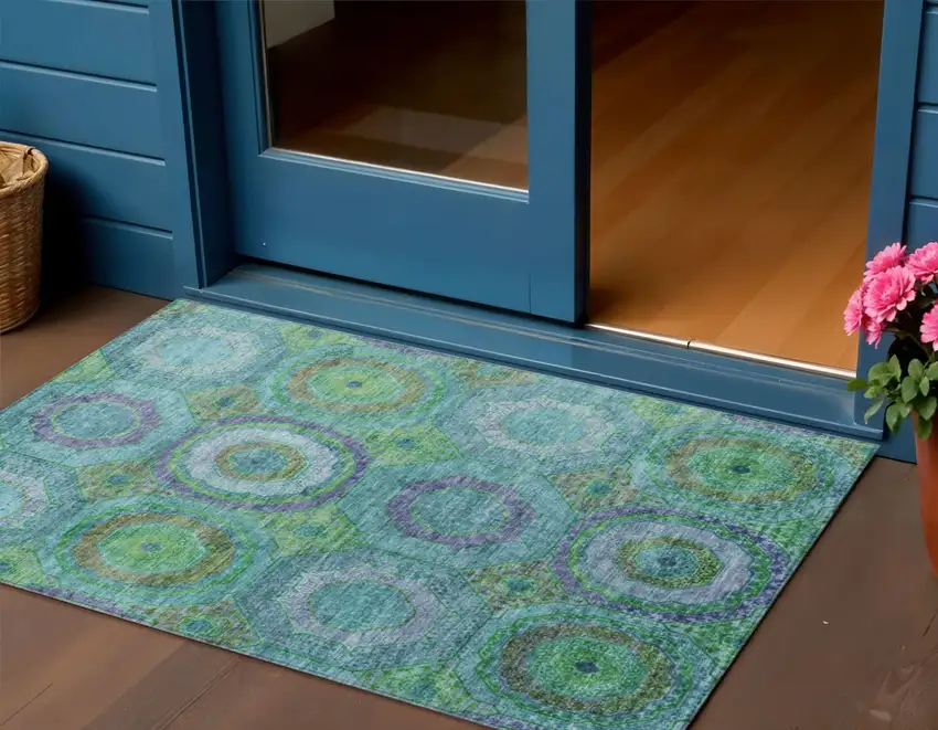 Teal Blue Lime Green And Purple Geometric Washable Indoor Outdoor Area Rug Photo 2