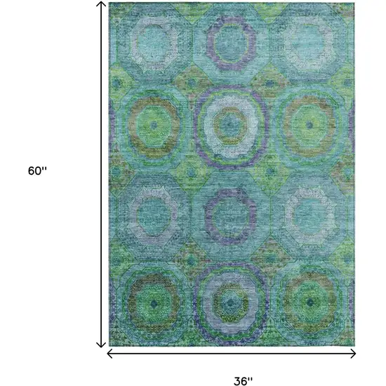 Teal Blue Lime Green And Purple Geometric Washable Indoor Outdoor Area Rug Photo 9