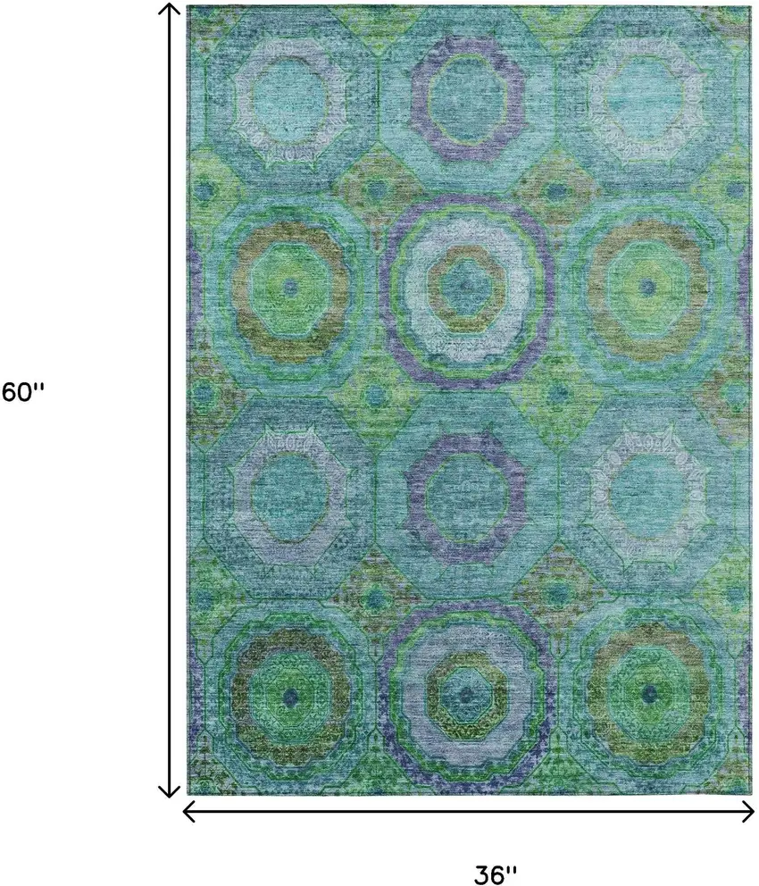 Teal Blue Lime Green And Purple Geometric Washable Indoor Outdoor Area Rug Photo 9