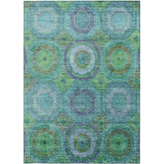 Teal Blue Lime Green And Purple Geometric Washable Indoor Outdoor Area Rug Photo 4