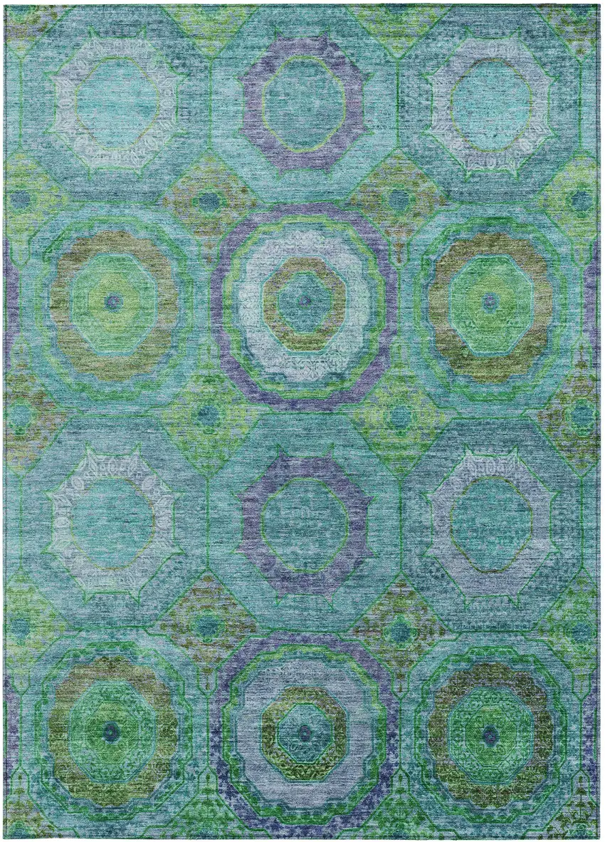 Teal Blue Lime Green And Purple Geometric Washable Indoor Outdoor Area Rug Photo 4
