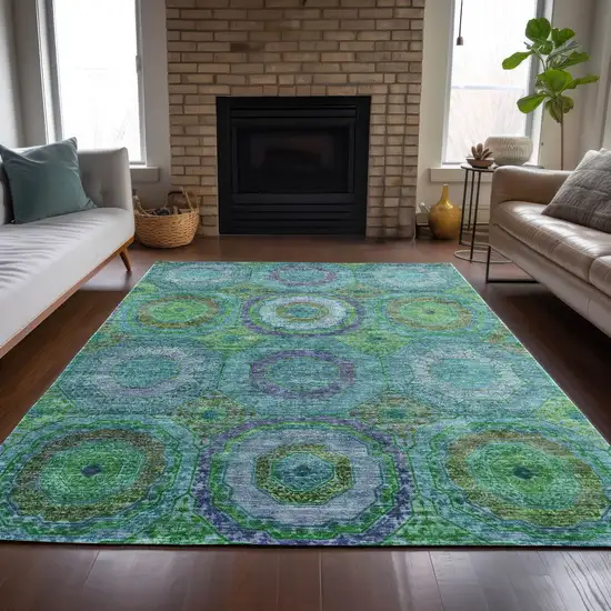 Teal Blue Lime Green And Purple Geometric Washable Indoor Outdoor Area Rug Photo 7