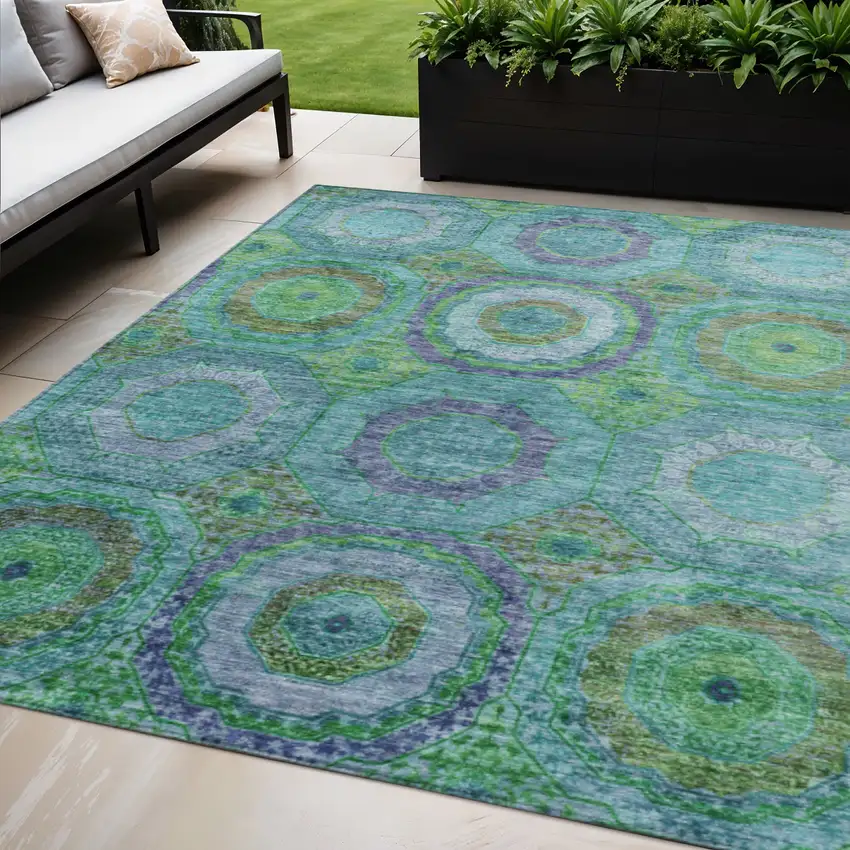 Teal Blue Lime Green And Purple Geometric Washable Indoor Outdoor Area Rug Photo 2