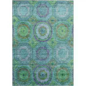 Photo of Teal Blue Lime Green And Purple Geometric Washable Indoor Outdoor Area Rug