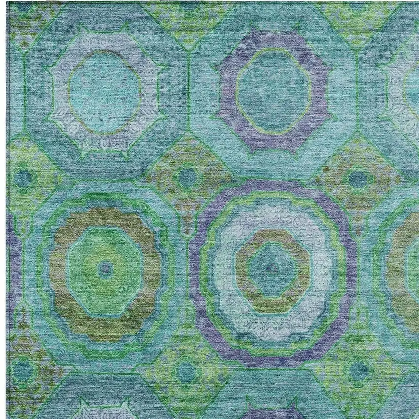 Teal Blue Lime Green And Purple Geometric Washable Indoor Outdoor Area Rug Photo 3