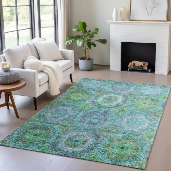 Teal Blue Lime Green And Purple Geometric Washable Indoor Outdoor Area Rug Photo 6