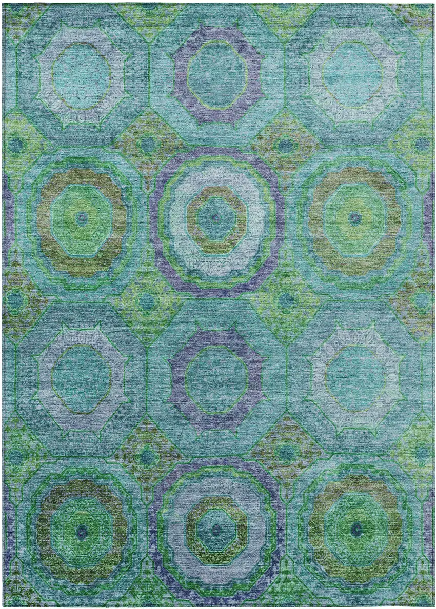 Teal Blue Lime Green And Purple Geometric Washable Indoor Outdoor Area Rug Photo 1