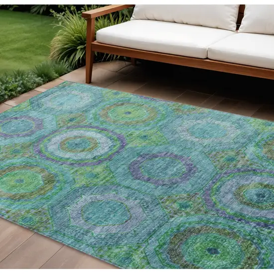 Teal Blue Lime Green And Purple Geometric Washable Indoor Outdoor Area Rug Photo 2