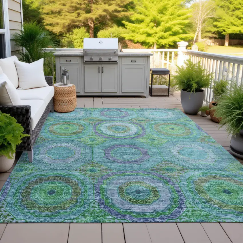 Teal Blue Lime Green And Purple Geometric Washable Indoor Outdoor Area Rug Photo 5