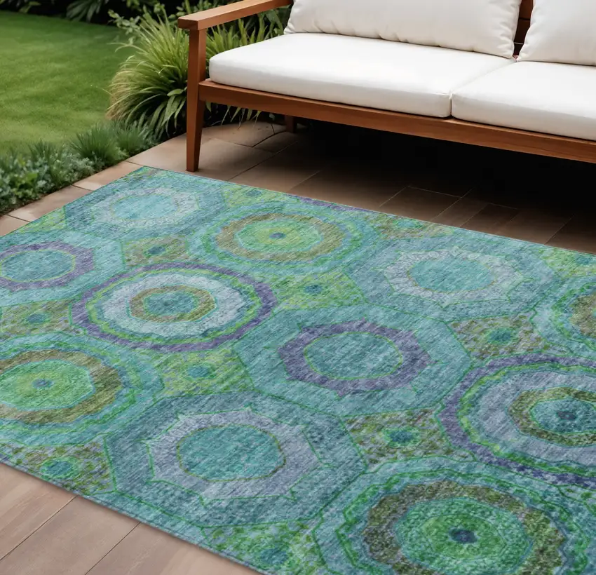 Teal Blue Lime Green And Purple Geometric Washable Indoor Outdoor Area Rug Photo 2
