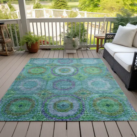 Teal Blue Lime Green And Purple Geometric Washable Indoor Outdoor Area Rug Photo 8