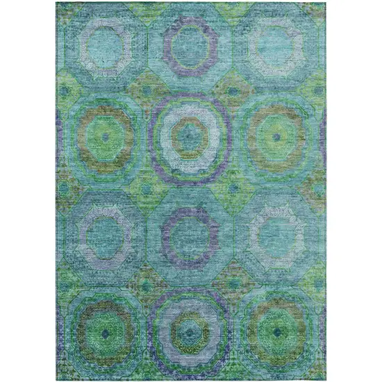 Teal Blue Lime Green And Purple Geometric Washable Indoor Outdoor Area Rug Photo 1
