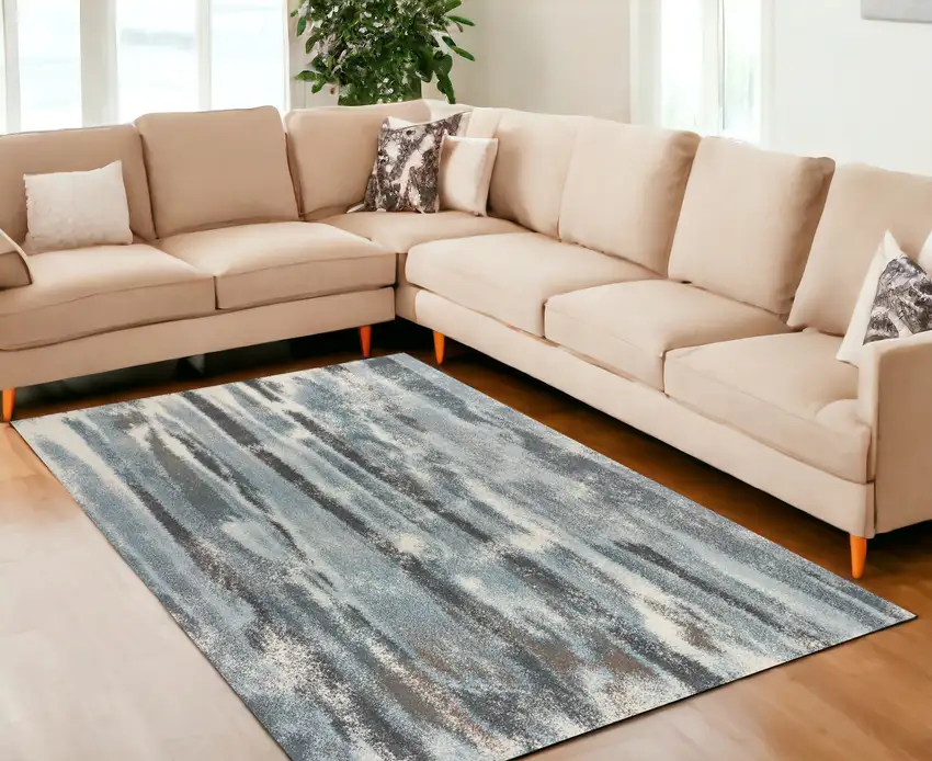 7'X10' Teal Blue Machine Woven Abstract Stripes Indoor Area Rug Photo 1