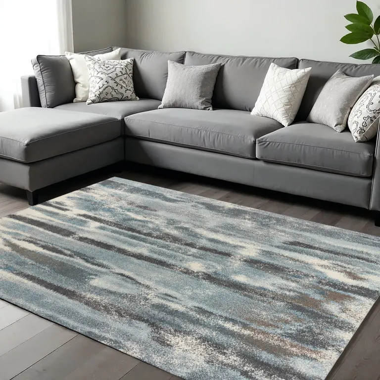 Teal Blue Machine Woven Abstract Stripes Indoor Area Rug Photo 2