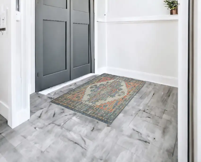 3'X5' Teal Blue Machine Woven Diamond Medallion Indoor Area Rug Photo 1
