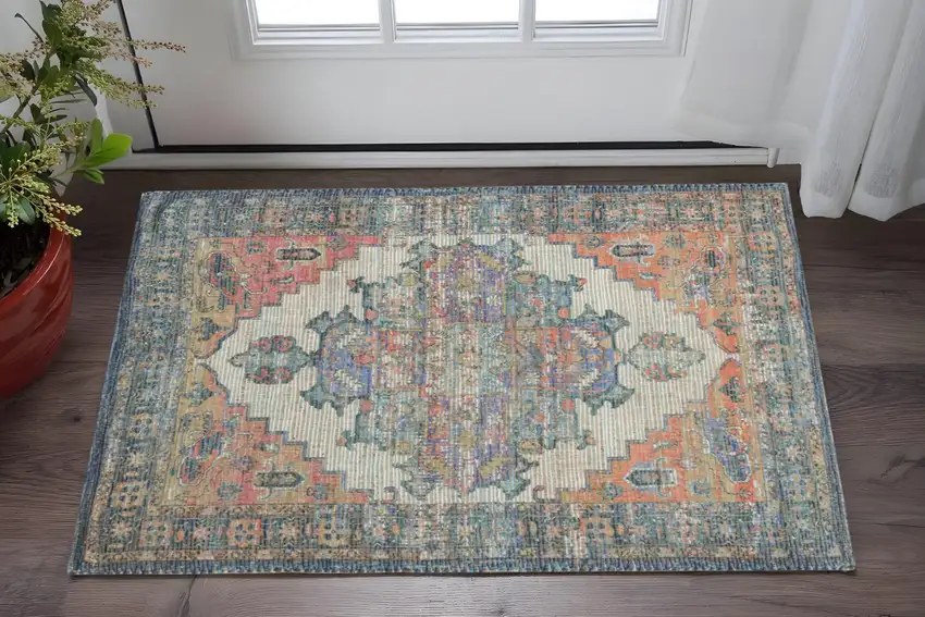 Blue Brick Red And Brown Jute Medallion Hand Woven Distressed Area Rug Photo 1