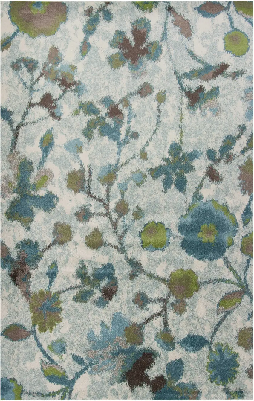 Teal Blue White And Green Floral Vines Area Rug Photo 2