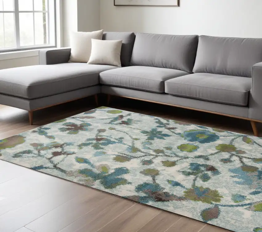 Teal Blue Machine Woven Floral Indoor Area Rug Photo 2