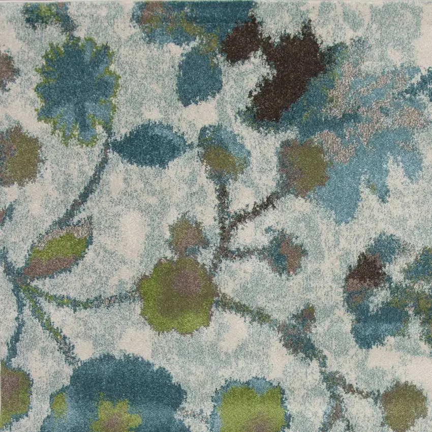 Teal Blue White And Green Floral Vines Area Rug Photo 6