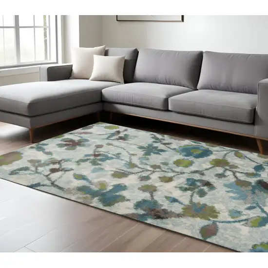 Teal Blue White And Green Floral Vines Area Rug Photo 1