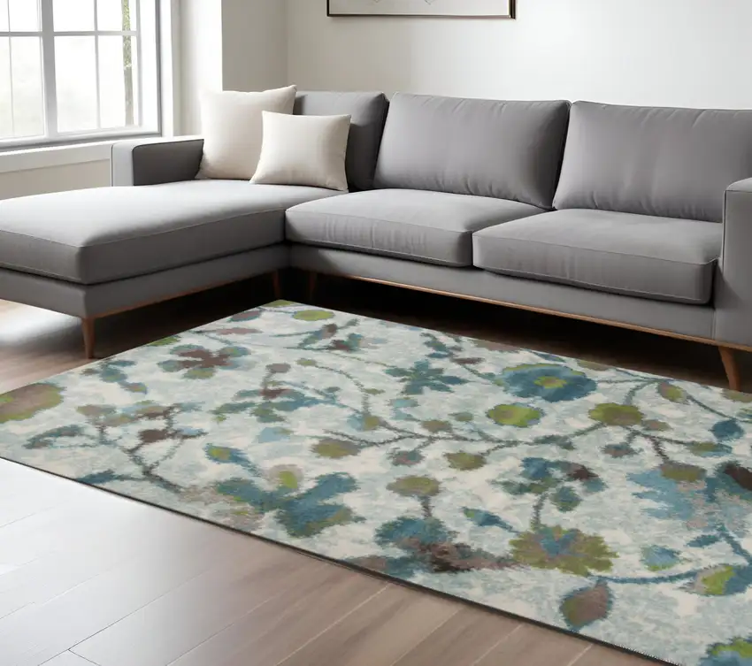 Teal Blue White And Green Floral Vines Area Rug Photo 1