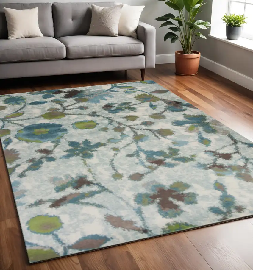 Teal Blue Green And White Floral Vines Area Rug Photo 1
