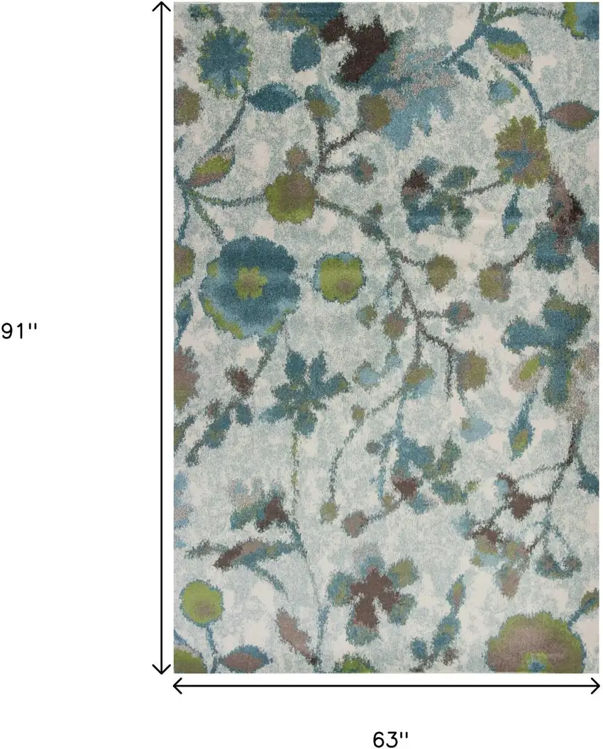 Teal Blue Green And White Floral Vines Area Rug Photo 3