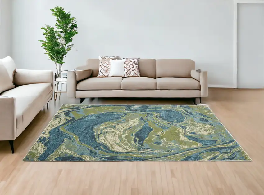 Teal Blue Machine Woven Marble Indoor Area Rug Photo 1
