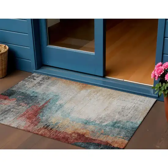 Teal Blue Mauve And Beige Abstract Washable Indoor Outdoor Area Rug Photo 2