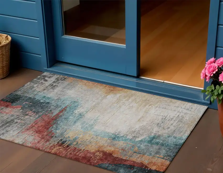 Teal Blue Mauve And Beige Abstract Washable Indoor Outdoor Area Rug Photo 2