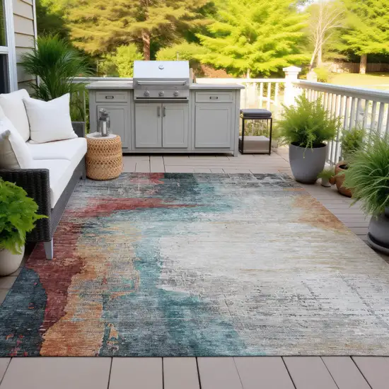 Teal Blue Mauve And Beige Abstract Washable Indoor Outdoor Area Rug Photo 6