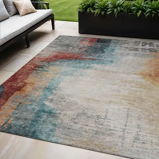 Teal Blue Mauve And Beige Abstract Washable Indoor Outdoor Area Rug Photo 2