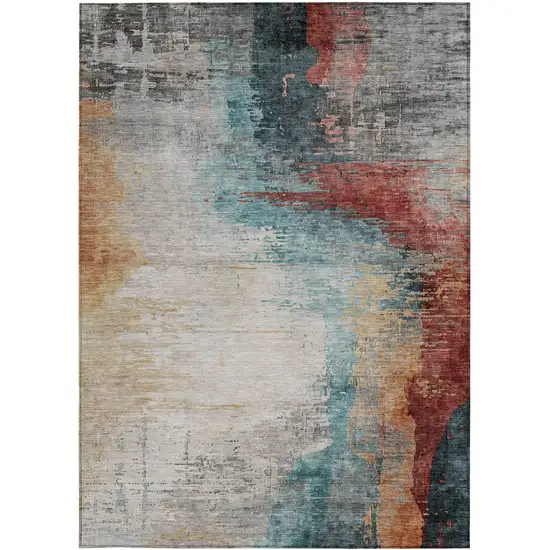 Teal Blue Mauve And Beige Abstract Washable Indoor Outdoor Area Rug Photo 4
