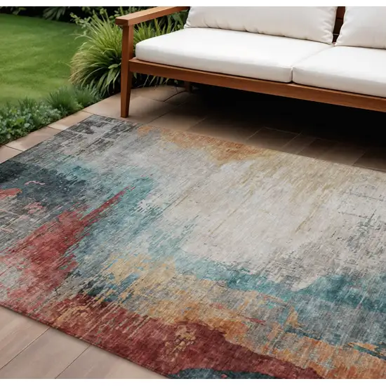 Teal Blue Mauve And Beige Abstract Washable Indoor Outdoor Area Rug Photo 2