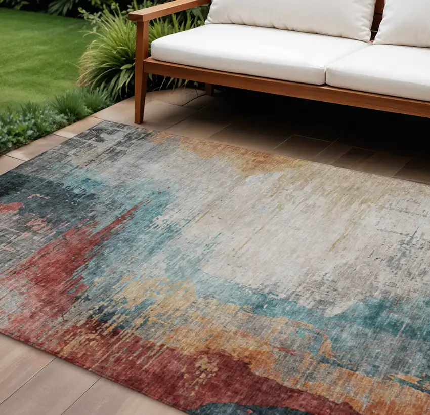 Teal Blue Mauve And Beige Abstract Washable Indoor Outdoor Area Rug Photo 2