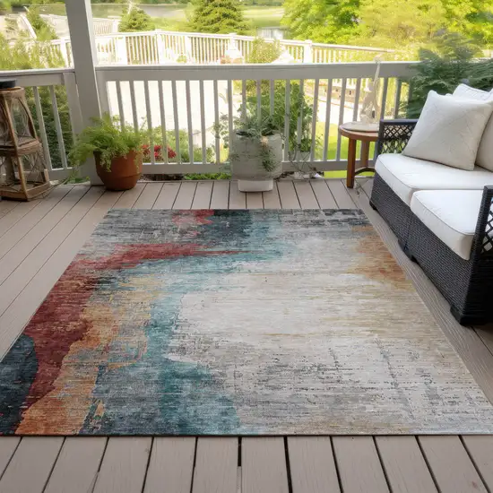 Teal Blue Mauve And Beige Abstract Washable Indoor Outdoor Area Rug Photo 8