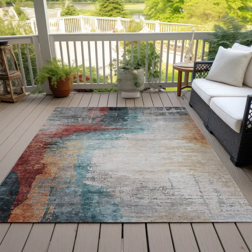 Teal Blue Mauve And Beige Abstract Washable Indoor Outdoor Area Rug Photo 8