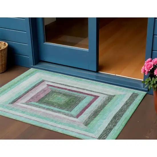Teal Blue Mauve And Ivory Geometric Washable Indoor Outdoor Area Rug Photo 2