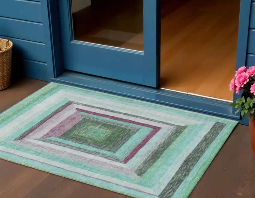 Teal Blue Mauve And Ivory Geometric Washable Indoor Outdoor Area Rug Photo 2