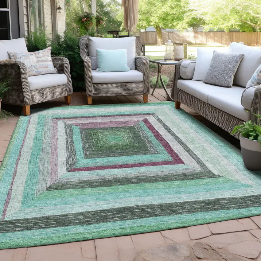 Teal Blue Mauve And Ivory Geometric Washable Indoor Outdoor Area Rug Photo 5
