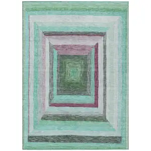 Photo of Teal Blue Mauve And Ivory Geometric Washable Indoor Outdoor Area Rug