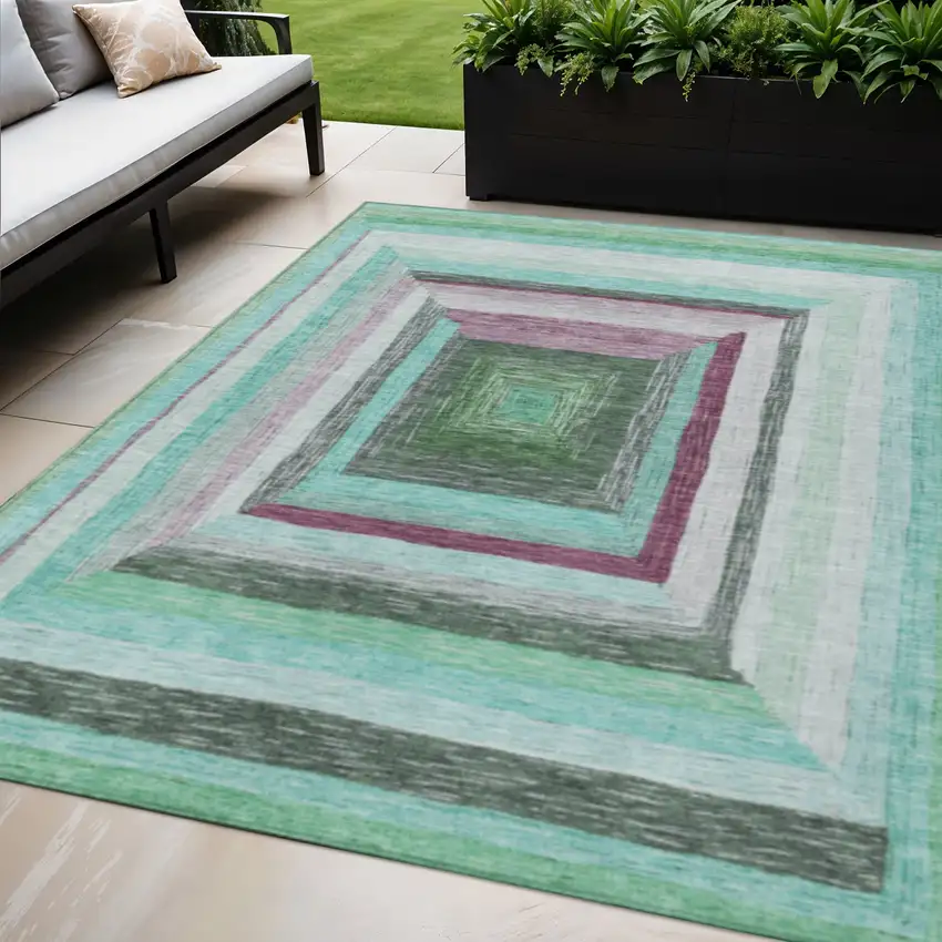 Teal Blue Mauve And Ivory Geometric Washable Indoor Outdoor Area Rug Photo 2