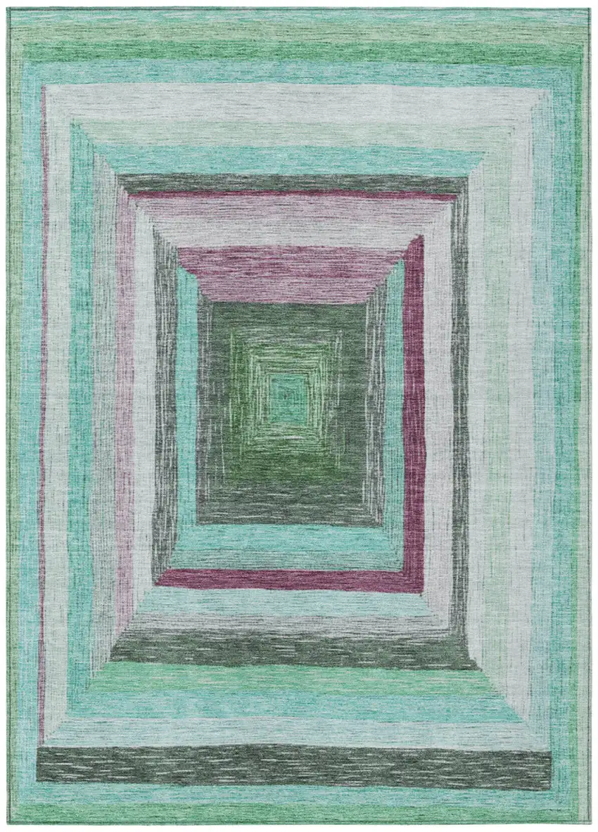 Teal Blue Mauve And Ivory Geometric Washable Indoor Outdoor Area Rug Photo 1