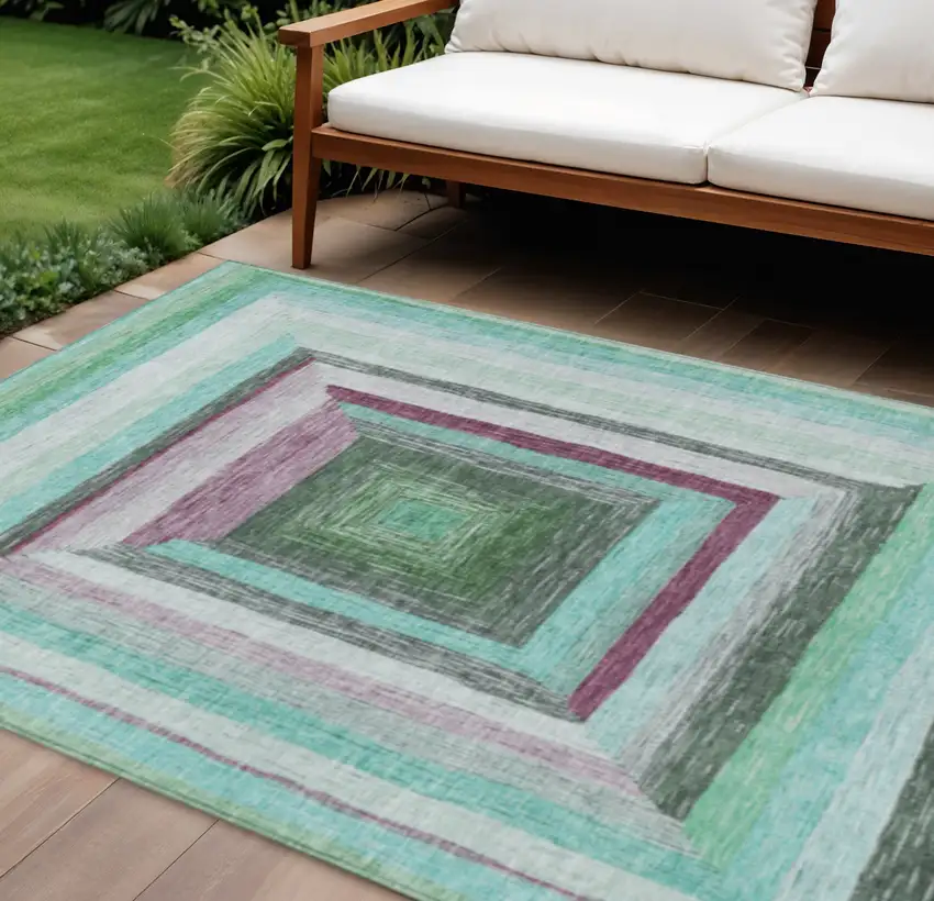 Teal Blue Mauve And Ivory Geometric Washable Indoor Outdoor Area Rug Photo 2