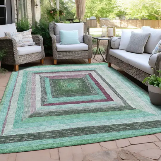 Teal Blue Mauve And Ivory Geometric Washable Indoor Outdoor Area Rug Photo 5