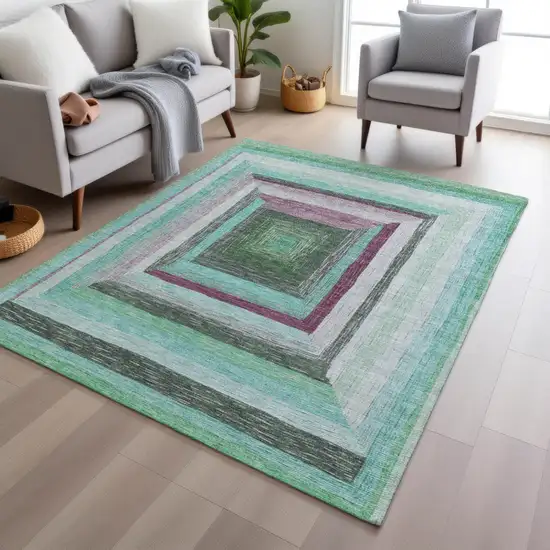 Teal Blue Mauve And Ivory Geometric Washable Indoor Outdoor Area Rug Photo 6