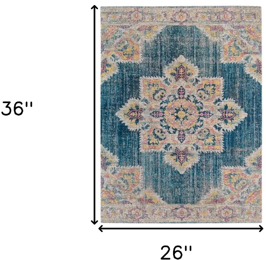 Teal Blue Medallion Power Loom Area Rug With Fringe Photo 7